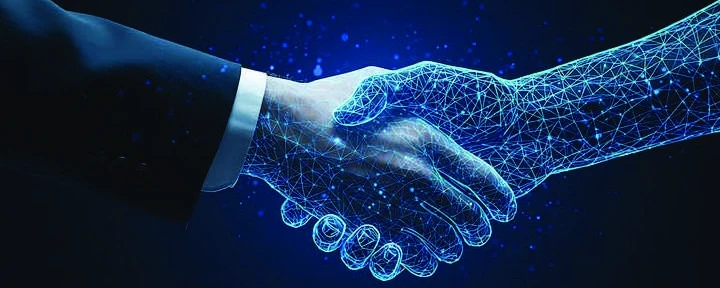 Human and digital hands connecting